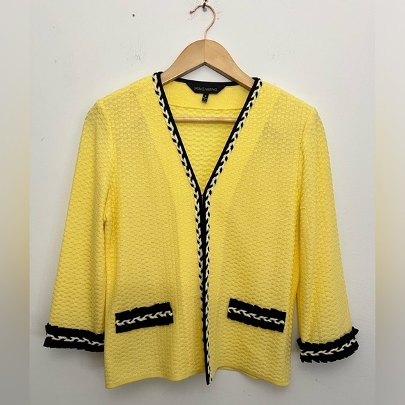 MING WANG Open Front Blazer Cardigan Yellow With Black & White Trim Sz Small - Picture 1 of 8